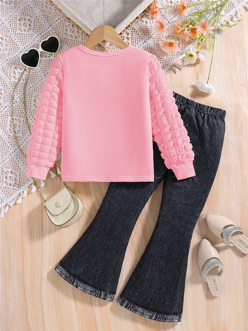 Two-piece Spring/Fall Girls Fashion Casual Suit Pink crew neck cartoon girl Print puffy sleeve top + black stretch slim pants
