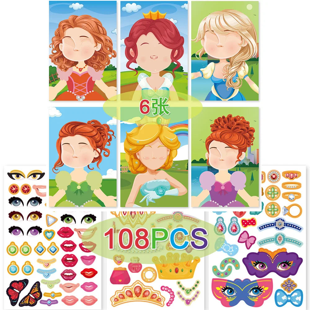 Make a Face DIY Animal Princess Dinosaur Jigsaw Stickers Kids Puzzle Games Funny Cartoon Educational Craft Stickers Toy For Baby