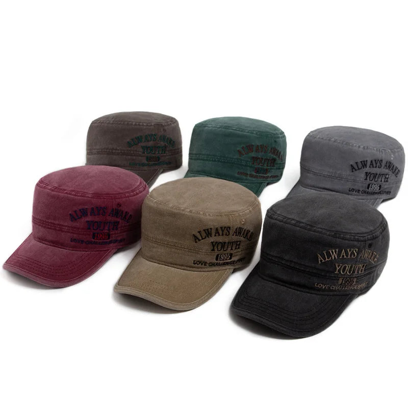 Washed Embroidered Letter Military Cap Vintage American Style Men's Flat Top Hat Sunshade Outdoor Casual Hat for Women Summer