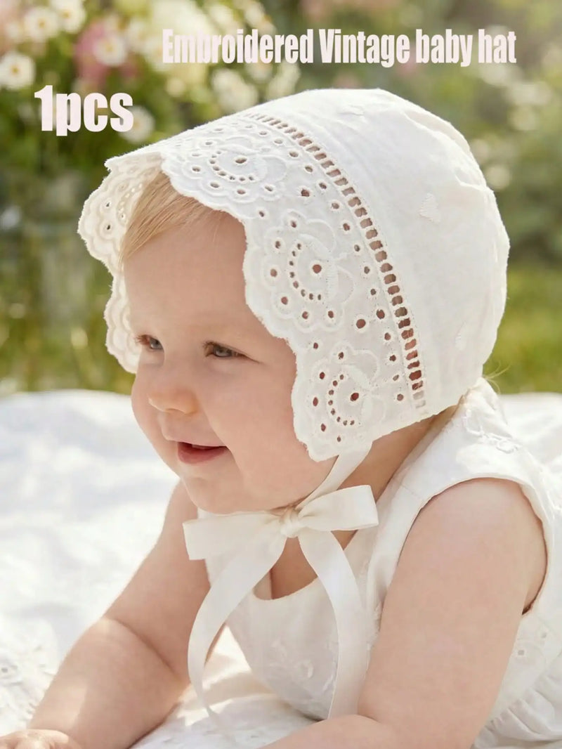 1Pc Retro Court Style Beige Embroidery Lace Baby Hat Soft Floral Bonnet For Newborn Girls 0-3/3-6 Months