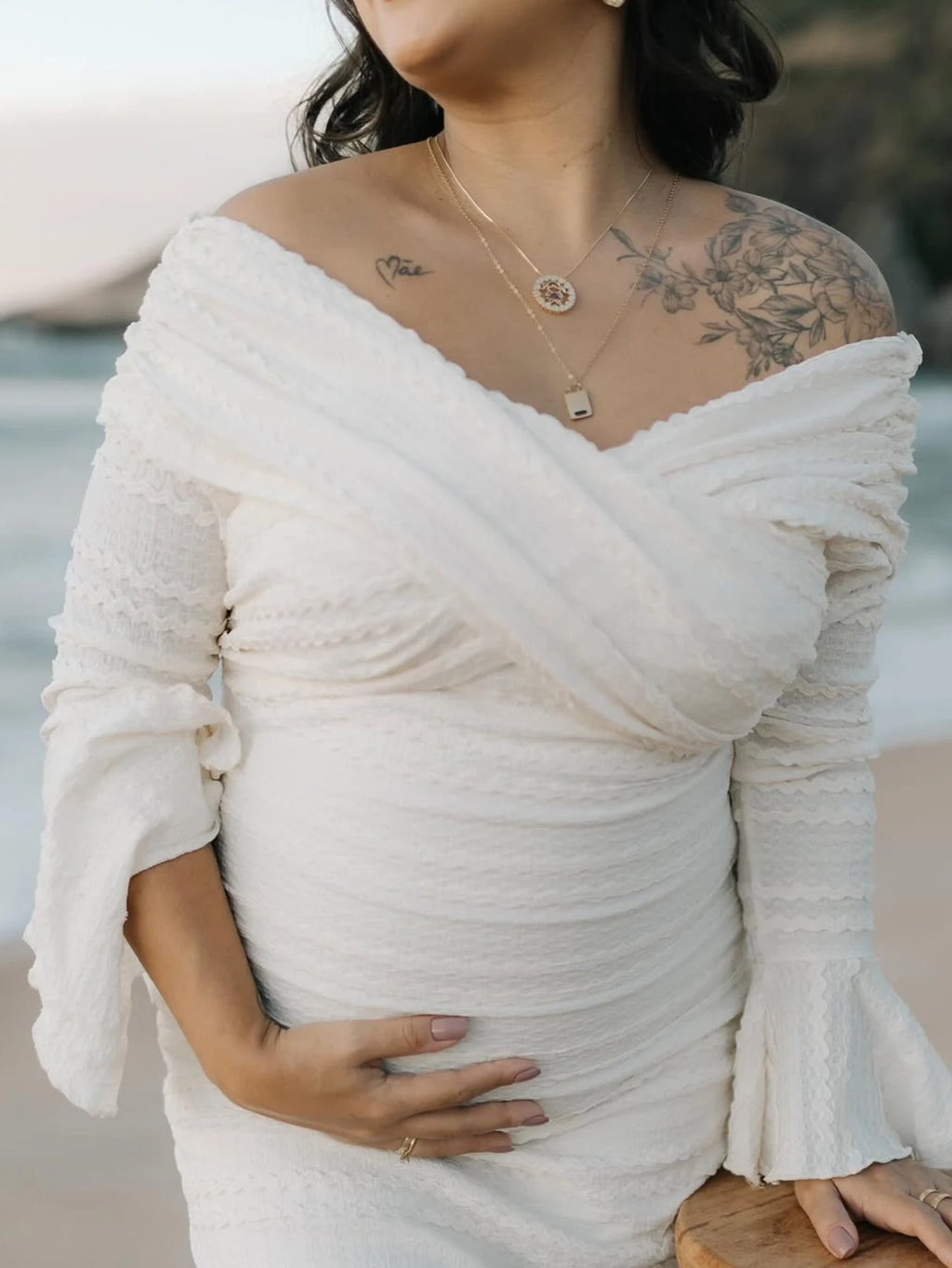 Maternity Fishtail Long Sleeves Criss Cross Neck Fall Dress Fashion Bodycon Pregnant Women Gown for Baby Shower Photoshoot