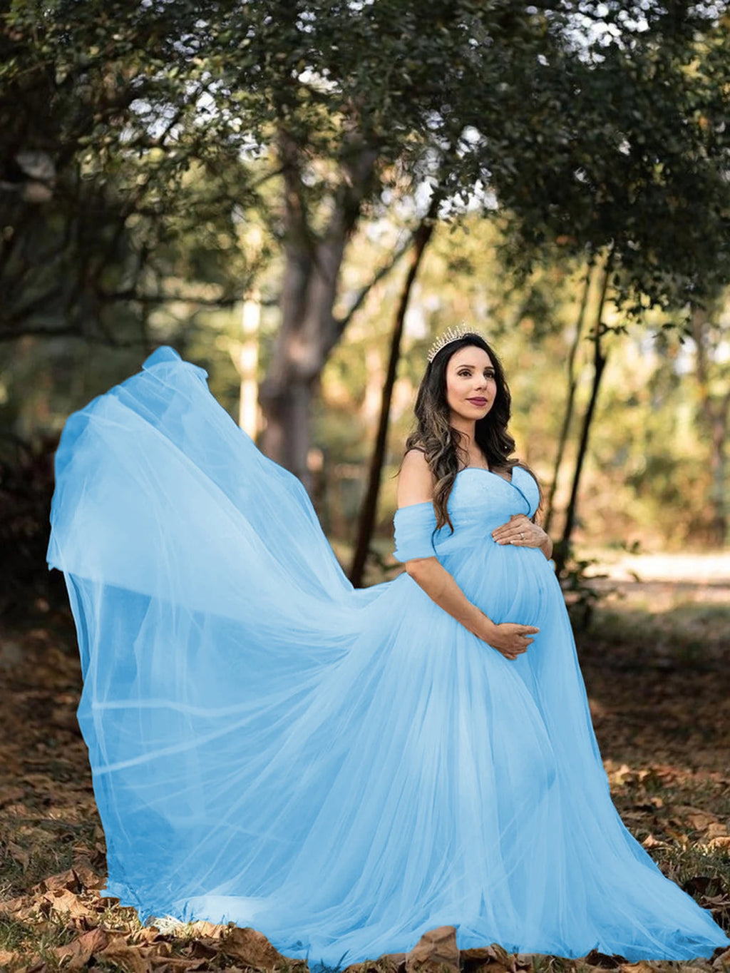 Maternity Lace Mesh Long Dress Pregnancy Shouldless Maxi Gown Dresses Soft Tulle Fabric Strapless for Baby Shower Photo Shoot