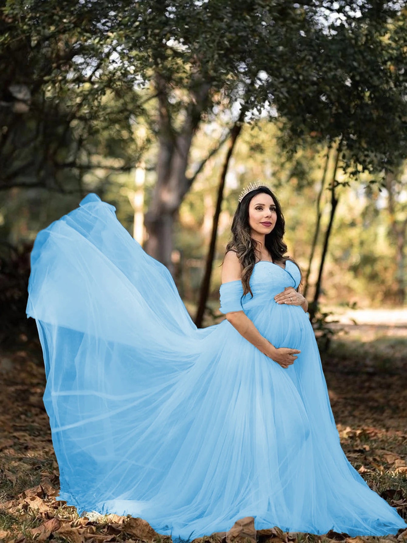 Maternity Lace Mesh Long Dress Pregnancy Shouldless Maxi Gown Dresses Soft Tulle Fabric Strapless for Baby Shower Photo Shoot