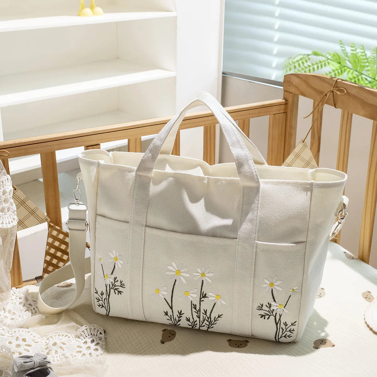 Flowers Embroidery Mommy Bag Multi-pocket Canvas Diaper Bag for Mom Large Capacity Nappy Organizer Baby Items Women Tote Bag