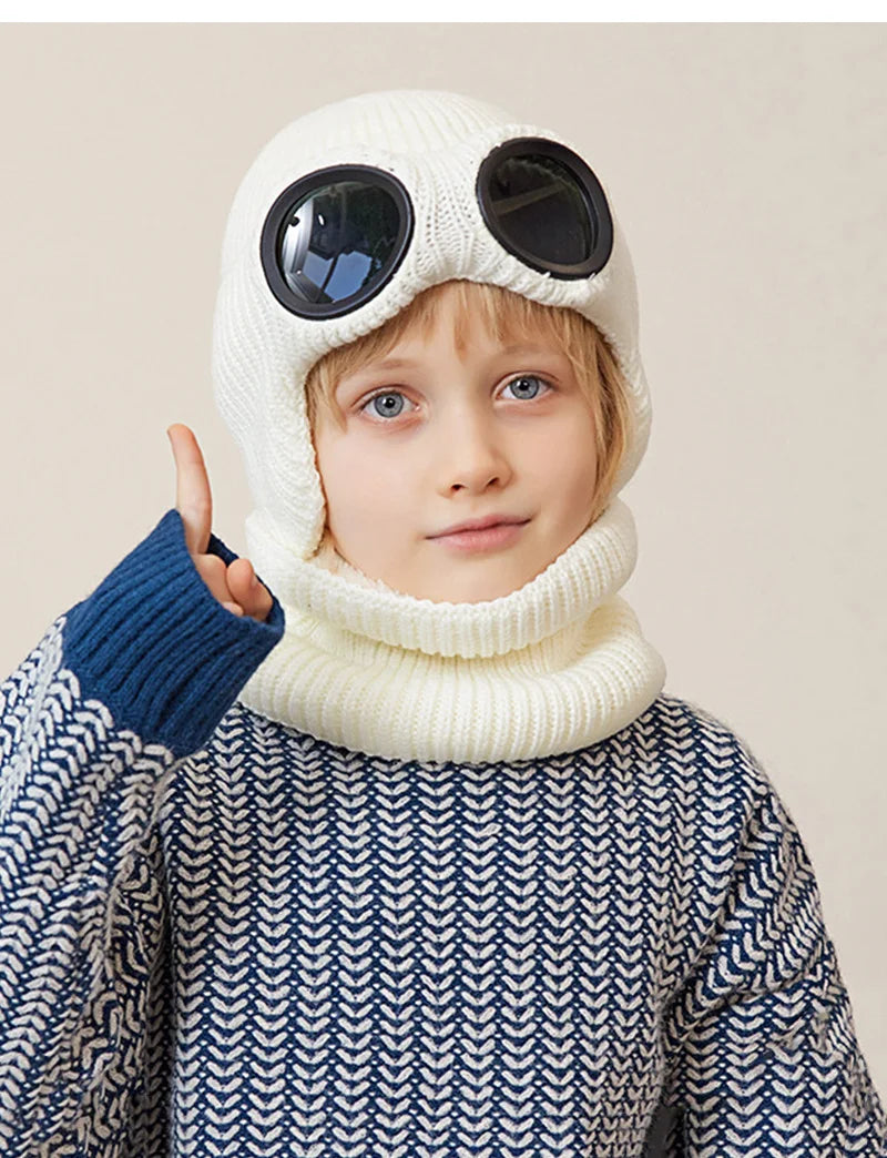 Skiing Children Winter Hat Scarf Set Knitted Kids Beanie with Goggles Ears Protection Child Bonnet Hats for Girls Boys 4-10Y