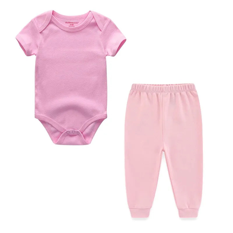 2 Pieces Baby Unisex Clothing Set 100%Cotton Solid Color Newborn Boy Girl Bodysuit+Pants Suits Short Sleeves Infant Outfits