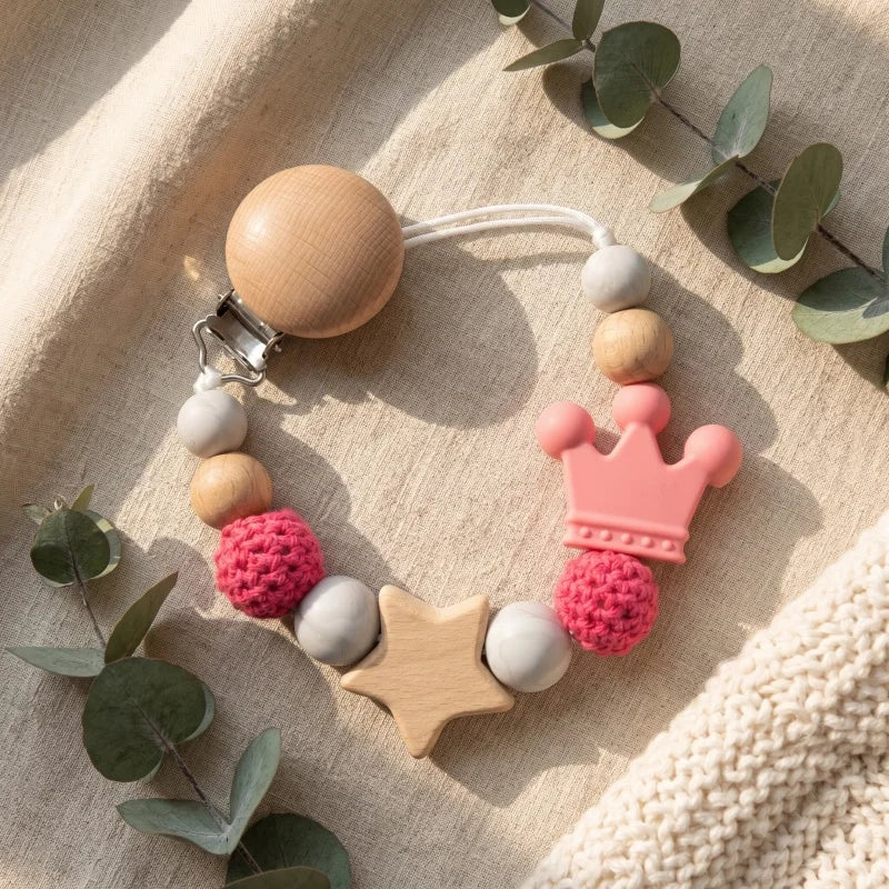 Personalized Baby Pacifier Clip with Name – Crochet Bear Wooden Star Teether Holder