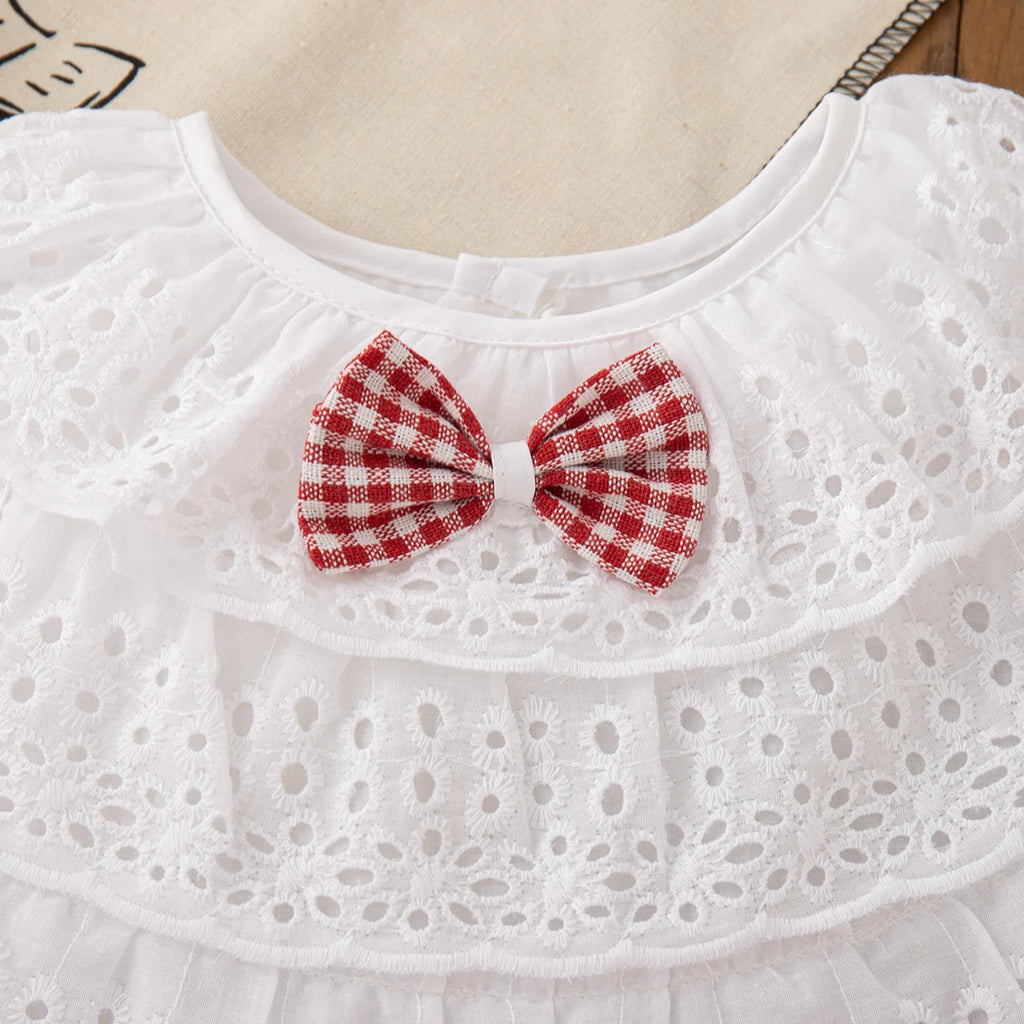 2pc/Set Girls' Suit Summer Bow And Plaid Lace Trim Short Sleeve Casual Toddler Girl Clothes Cute Simple Children Clothes