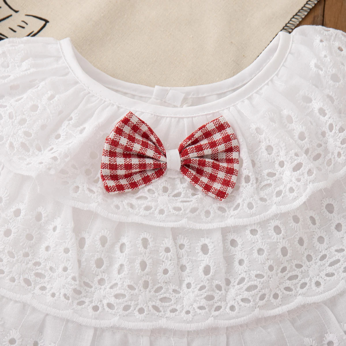 2pc/Set Girls' Suit Summer Bow And Plaid Lace Trim Short Sleeve Casual Toddler Girl Clothes Cute Simple Children Clothes