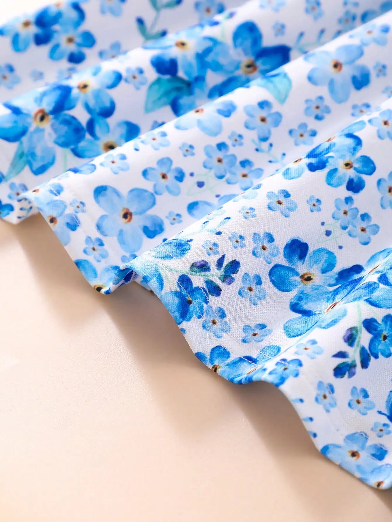 Children's girls' Round neck Blue Floral Short sleeved Dress Children's clothing 2-7 Year-old girls' Summer Casual Dress