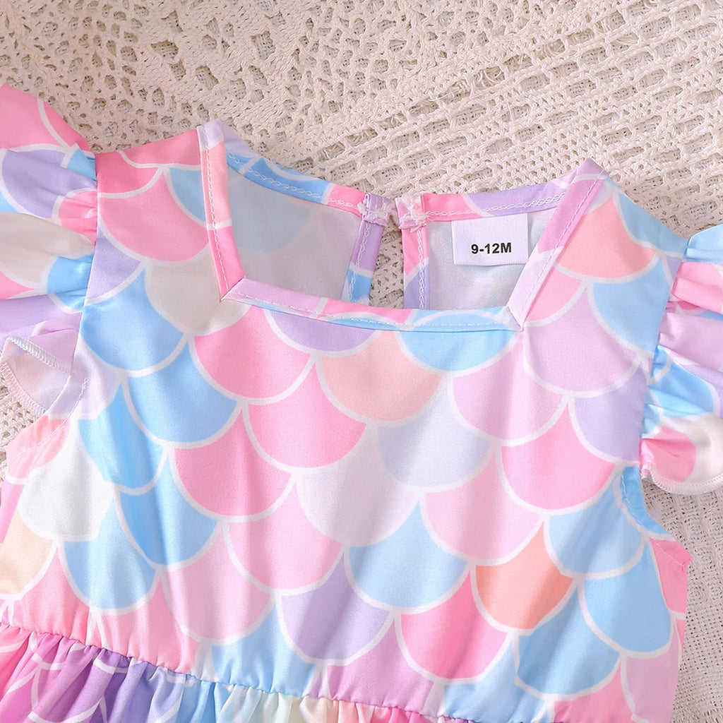 2Pcs Baby girl Dress Round Neck Mermaid print Color Dress+Headband Set suitable for Cute Baby girls 0-3 Years Summer Dress