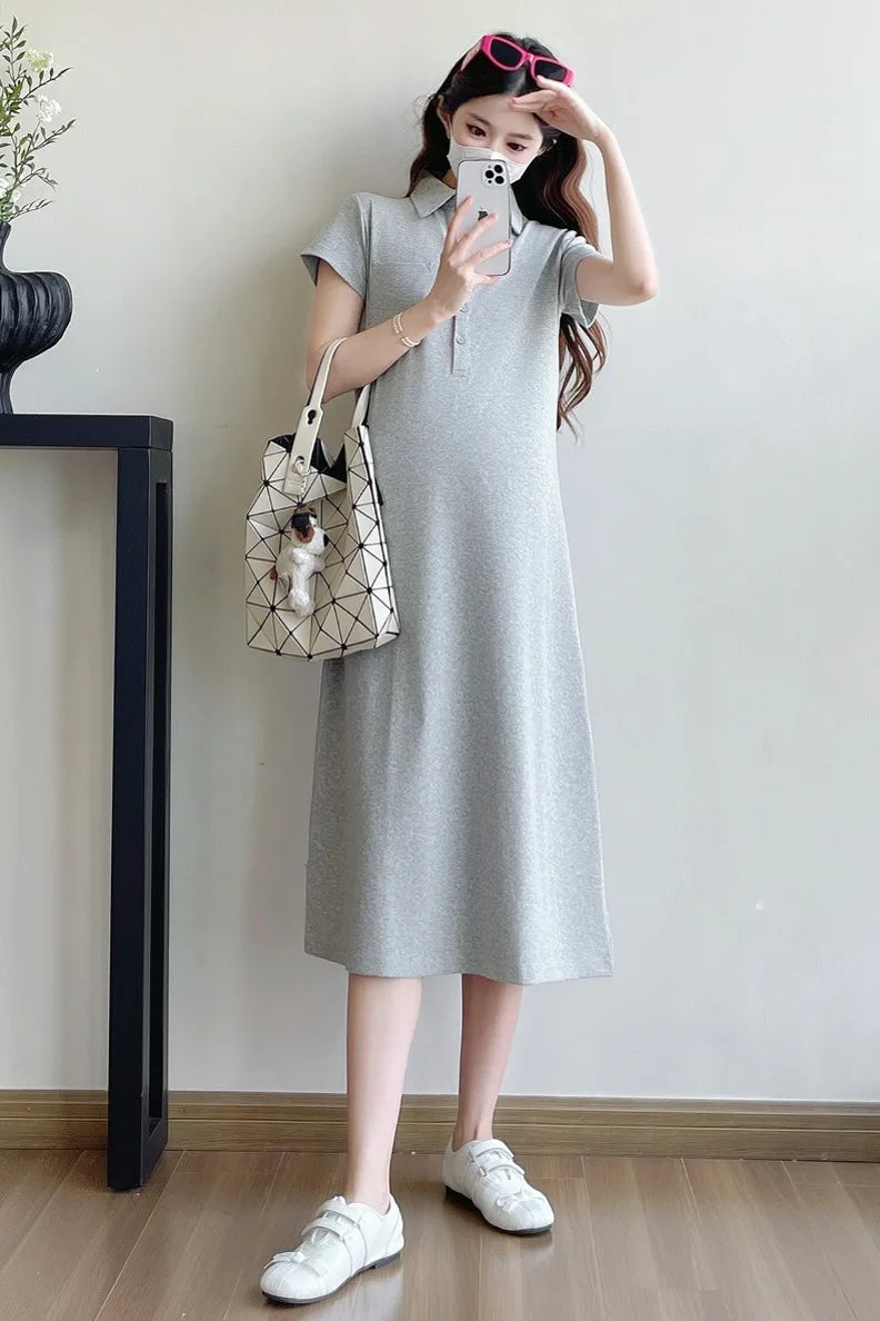 Korean Style Pregnant Woman Knitted Dress for Summer Short Sleeve Turn-down Collar Maternity Casual Dress