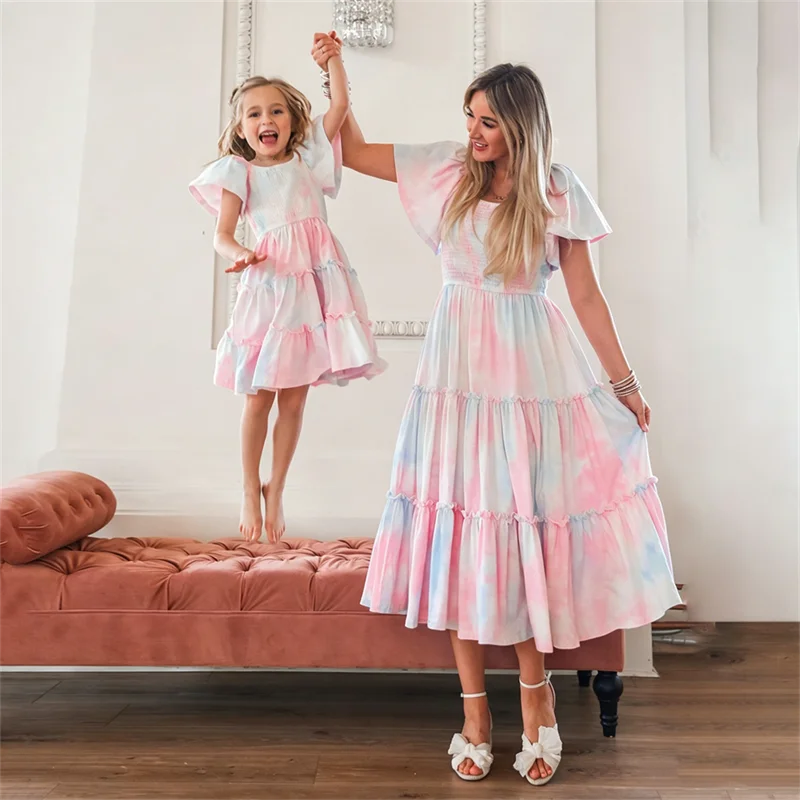 Vintage Mother Daughter Dress Vestidos Family Matching Outfits Children Dress Beach Casual Women Dresses Summer Girls Clothing