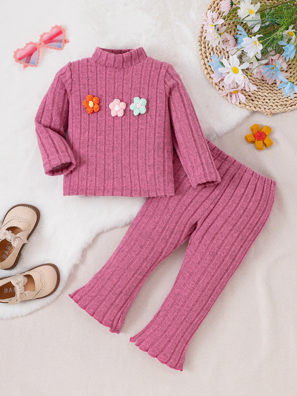 Baby Girl 2-Piece Top With Small Floral Pattern And Solid Color Pants Set 0-3 Years Half High Collar