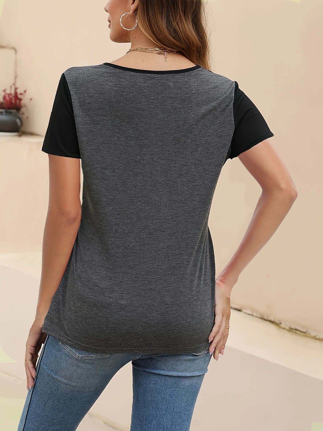 Maternity Nursing Top Color Block round Neck Short Sleeve T-Shirt Comfortable Breastfeeding Shirt for Pregnant Women