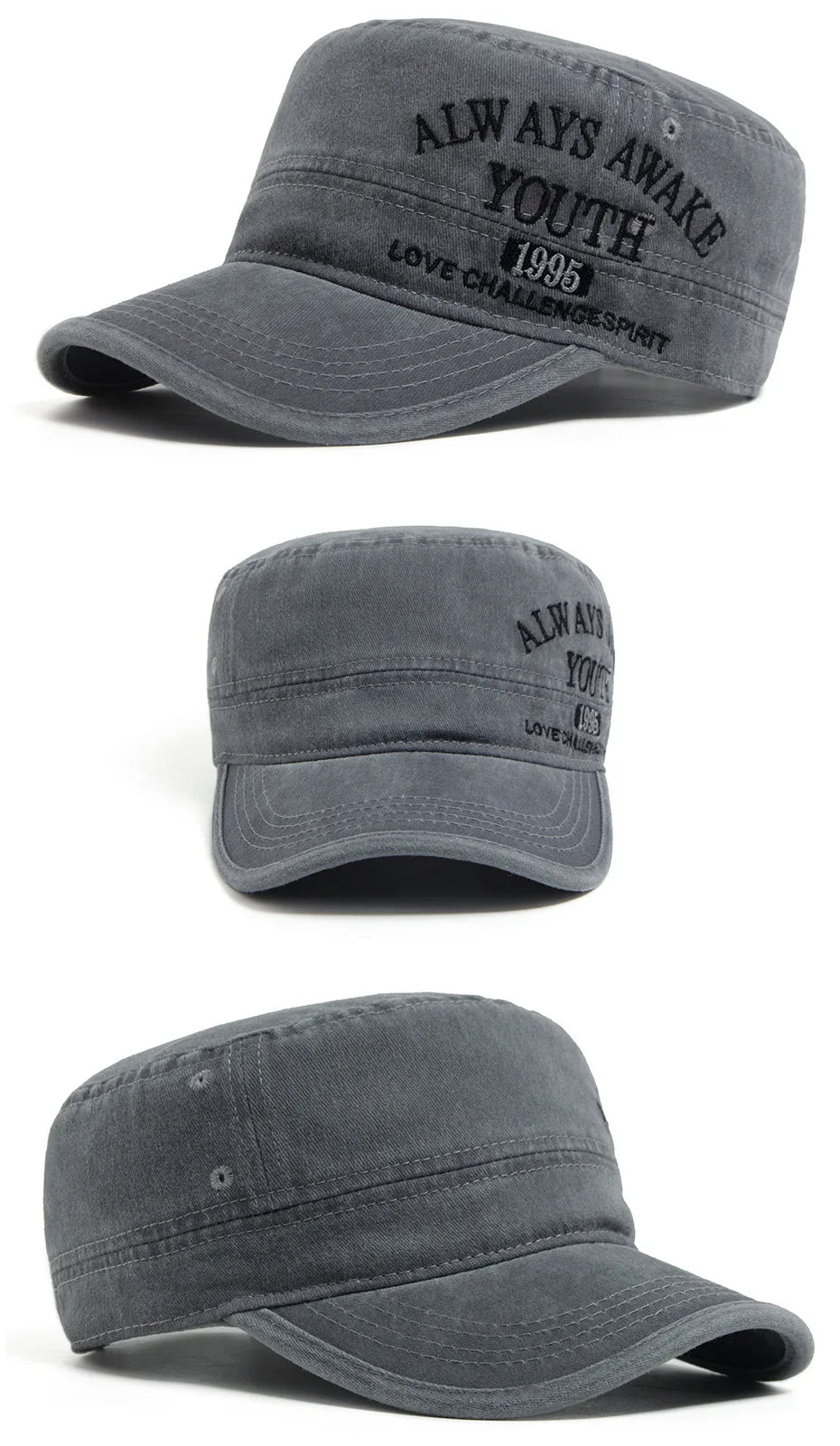 Washed Embroidered Letter Military Cap Vintage American Style Men's Flat Top Hat Sunshade Outdoor Casual Hat for Women Summer