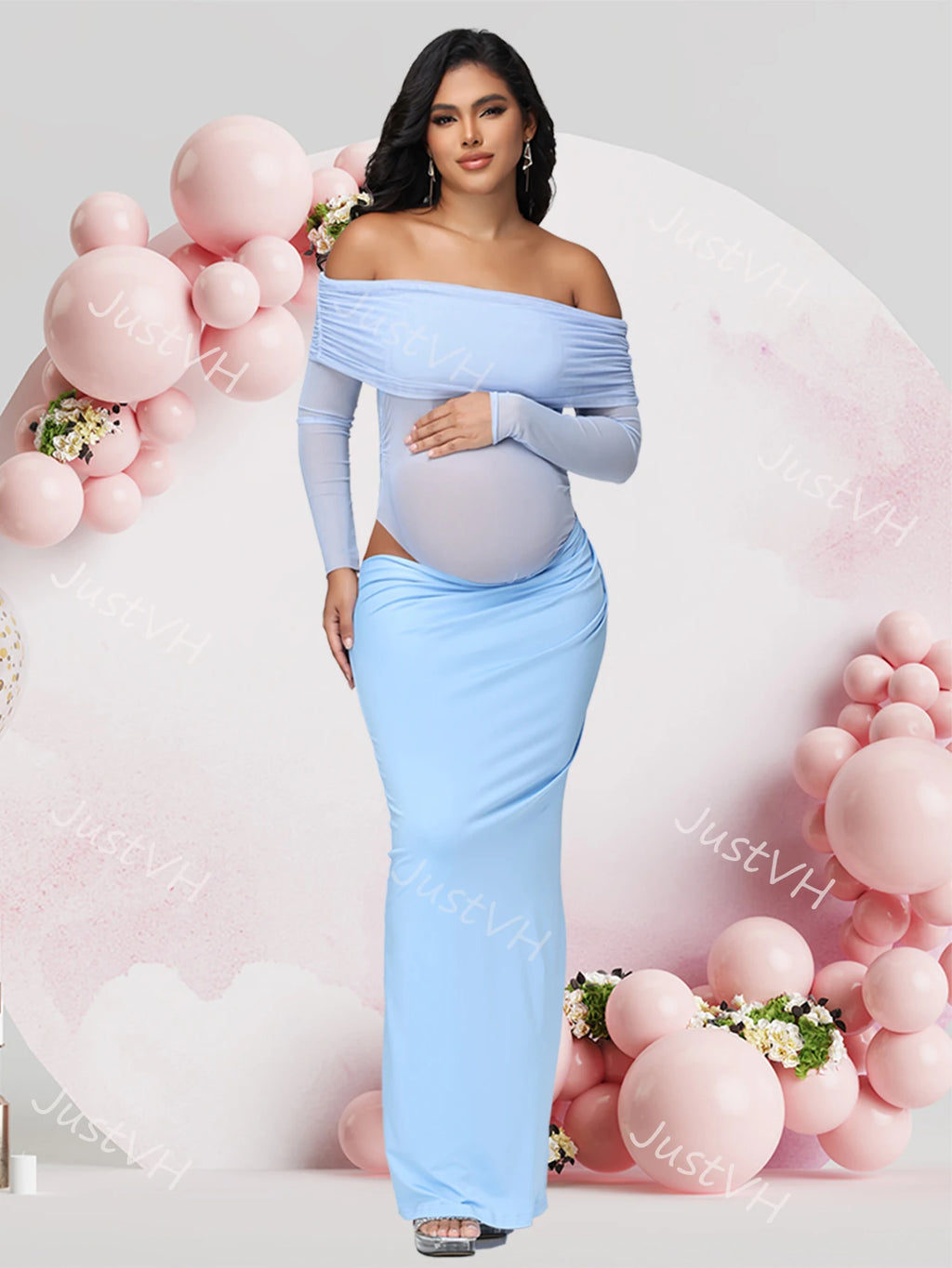 Maternity Long Sleeves off Shoulder Photoshoot Dress Mesh Exposed Belly Women Pregnancy Photography Gown for Baby Shower