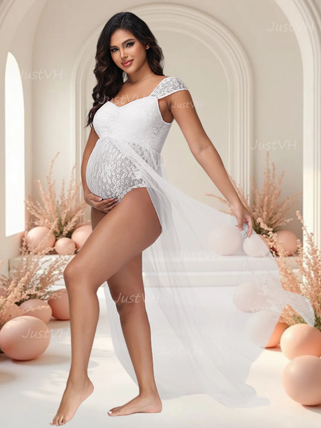 Maternity Summer Lace Off-Shoulder Bodysuit for Photoshoot with Tulle Long Sides Slit Tail Women
