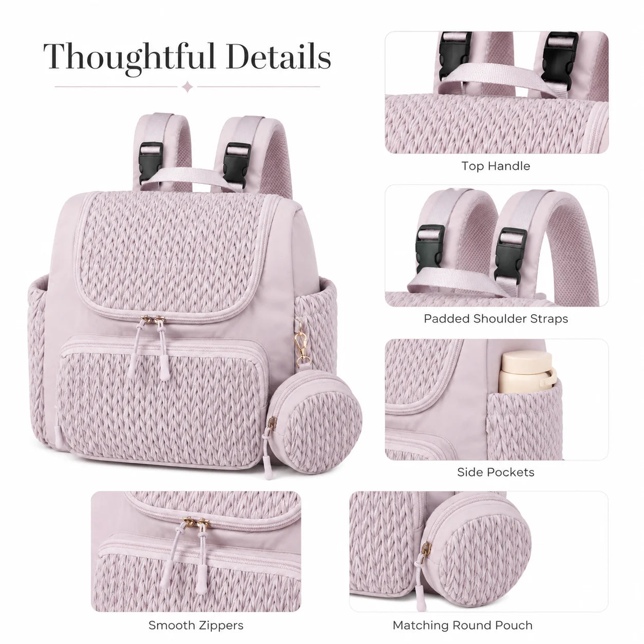 Fashion Mommy Diaper Backpack Large Capacity Baby Bag Herringbone Quilted Travel Nursing Bag with Multi Pockets Side Pouch for M