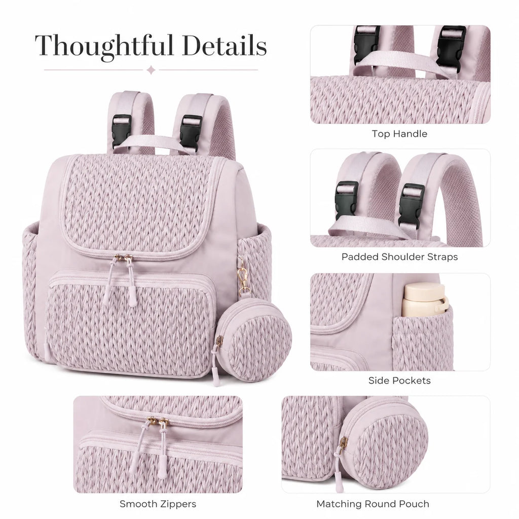 Fashion Mommy Diaper Backpack Large Capacity Baby Bag Herringbone Quilted Travel Nursing Bag with Multi Pockets Side Pouch for M