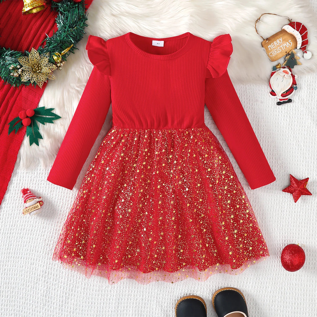 Children Girls' Dresses Round Neck Flying sleeves Five Pointed Star Chiffon Fashion Dresses 4-7 Year old girls' New Year Dresses