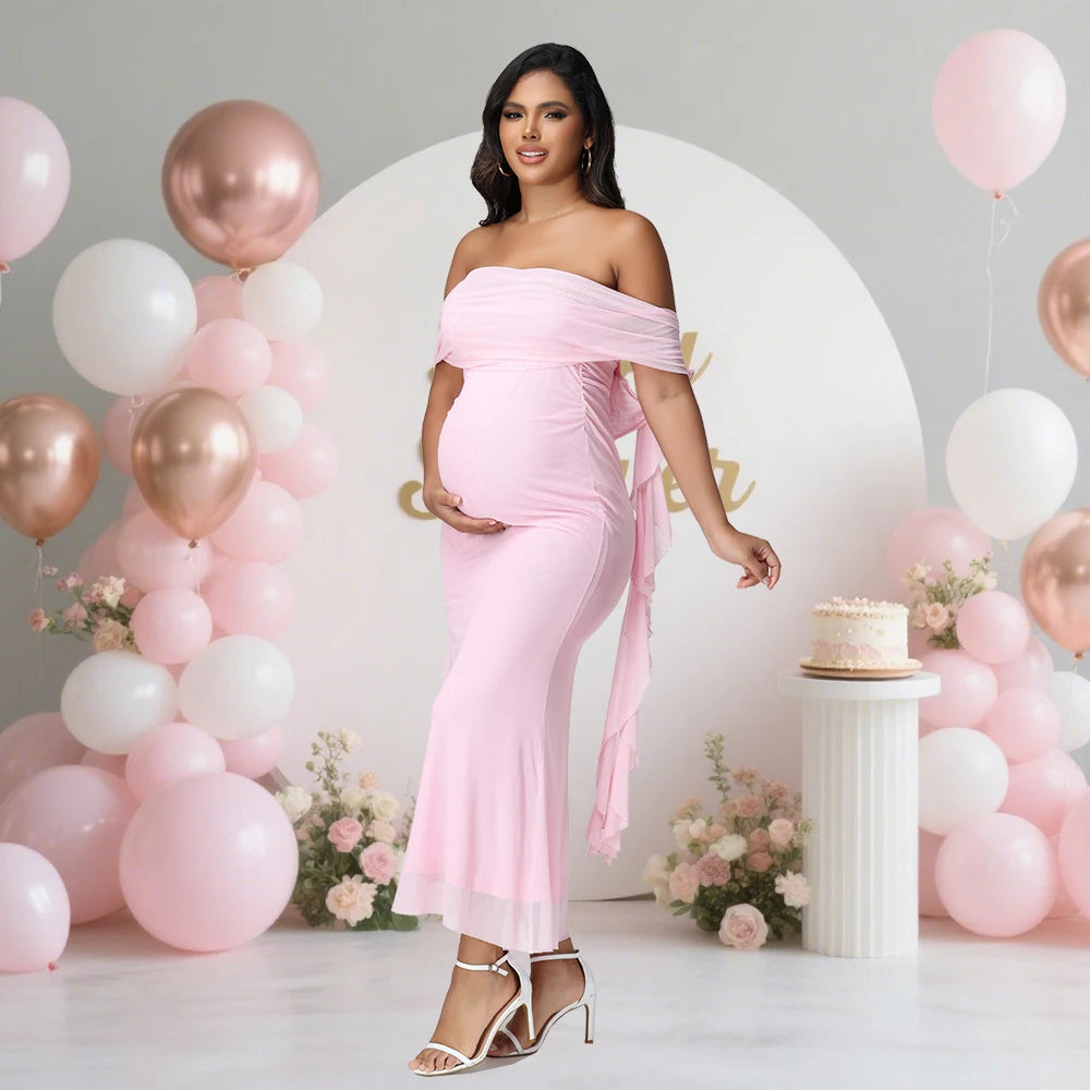 Maternity Mesh Off Shoulder Women‘s Dress for Photoshoot Exquisite Strapless Ruffle Drape Long Gown for Baby Shower
