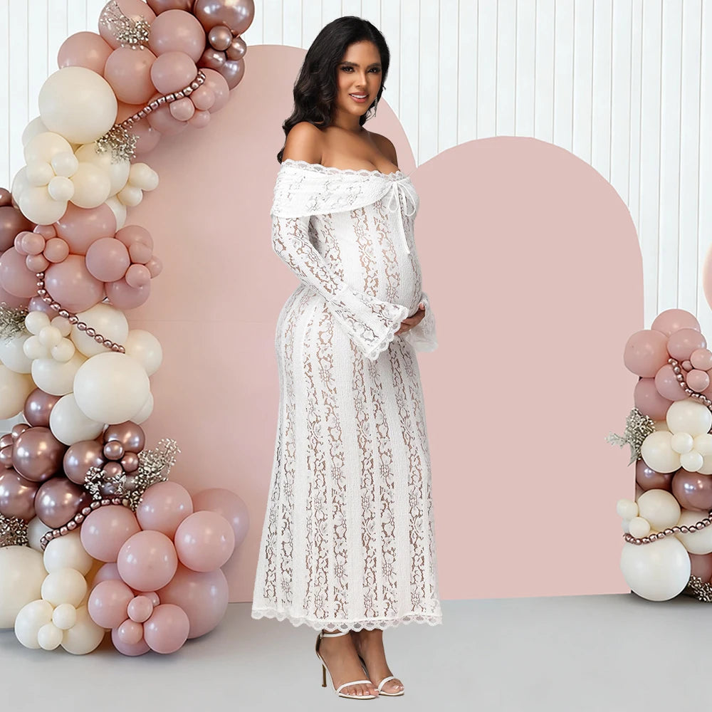 Maternity Lace Off Shoulder Dress Long Bell Sleeves Slim Photography Gown for Photoshoot Baby Shower