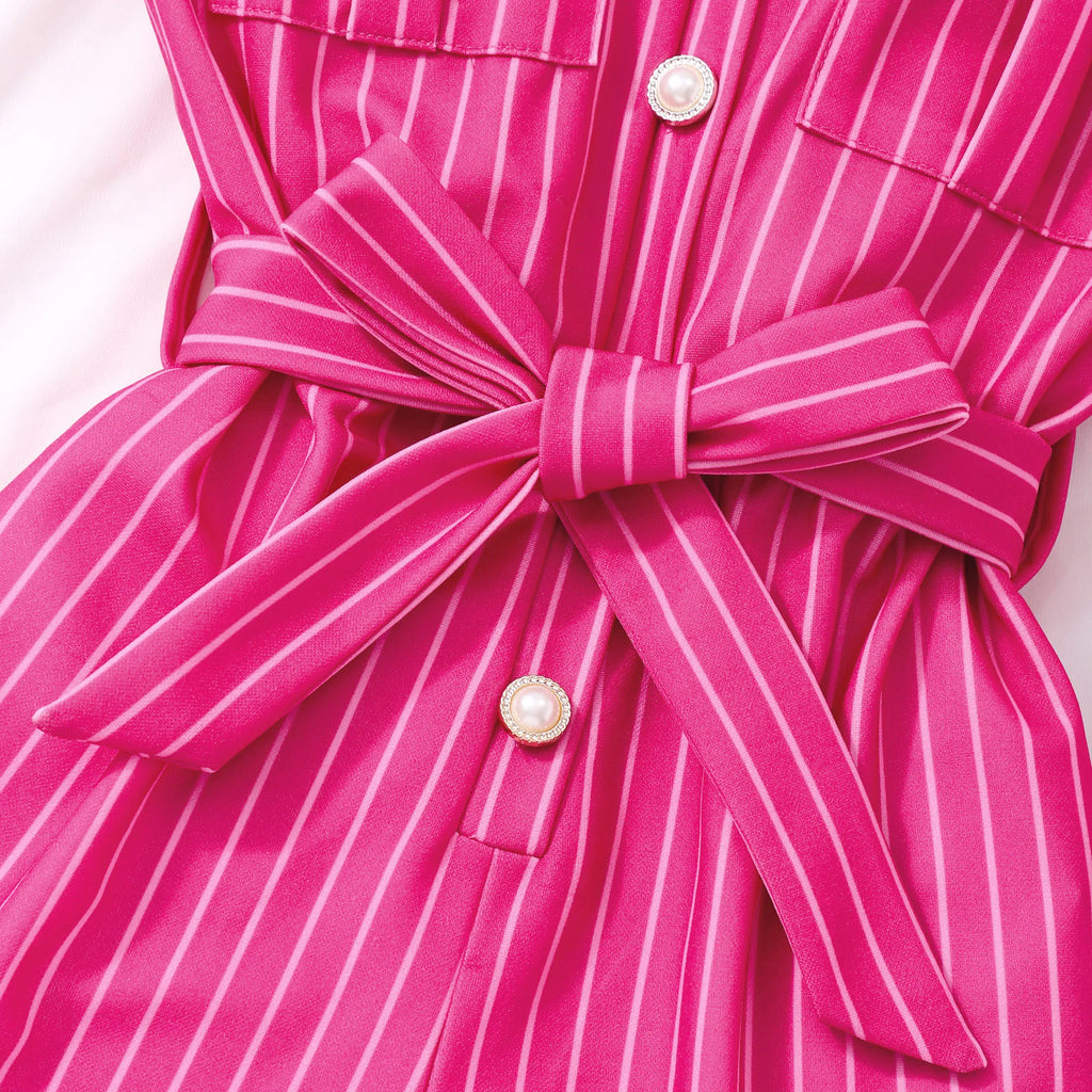8-12 Years Tween Girls Red Vertical Striped Short Sleeve Collar Jumpsuit - With Belt | Party, Back to School, Daily, Outings&Gat