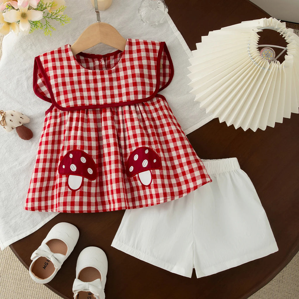 Summer Lovely Baby Girl Outfit Set Comfortable Cartoon Embroidery Red Plaid Doll Collar Top and Solid Color White Toddler Shorts