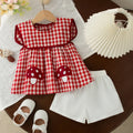 Summer Lovely Baby Girl Outfit Set Comfortable Cartoon Embroidery Red Plaid Doll Collar Top and Solid Color White Toddler Shorts