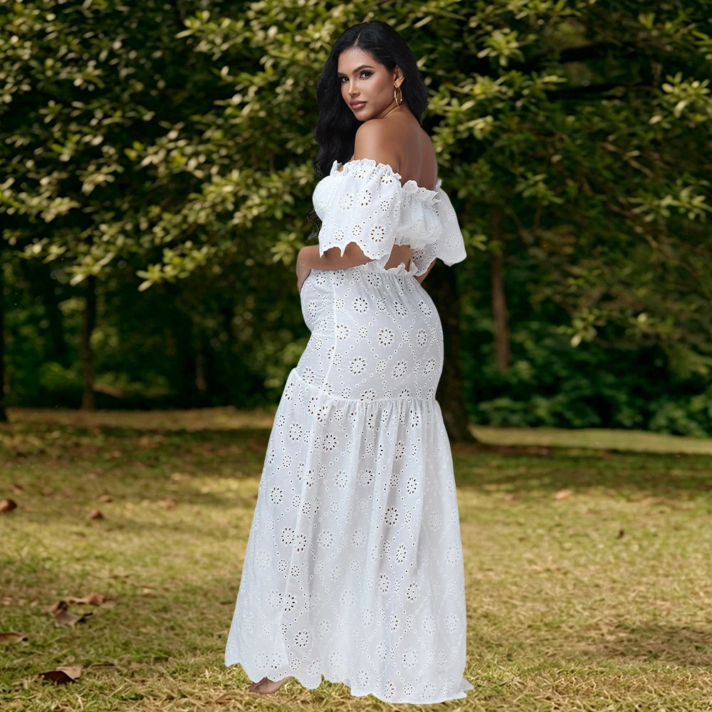 Maternity 2 Pieces Set Dress for Photoshoot Floral Embroidery Ruffle Short Top & Side Slit Long Skirt for Baby Shower