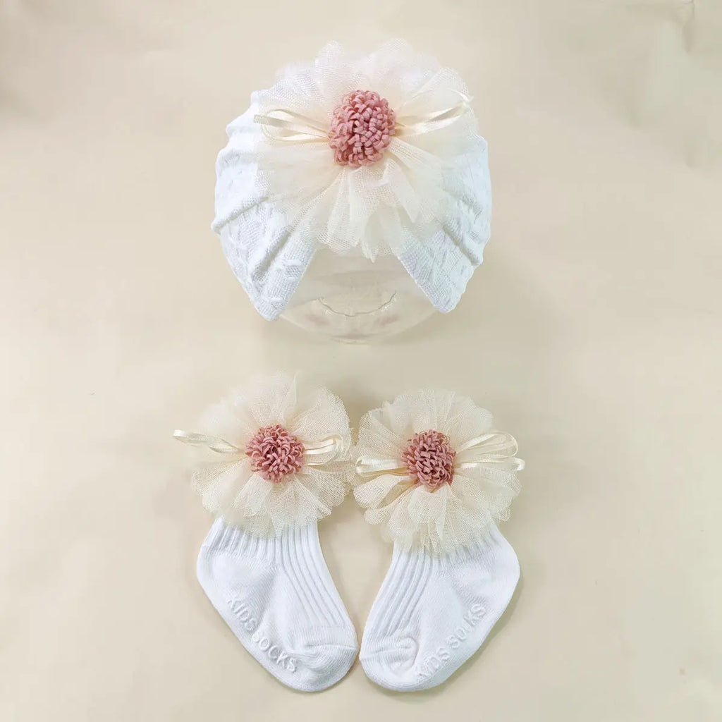 2pcs/set Newborn Elastic Turban Hat set Baby Girls Bow Cap Socks Set Baby Accessories Short Tube Sock Infant Indian Caps