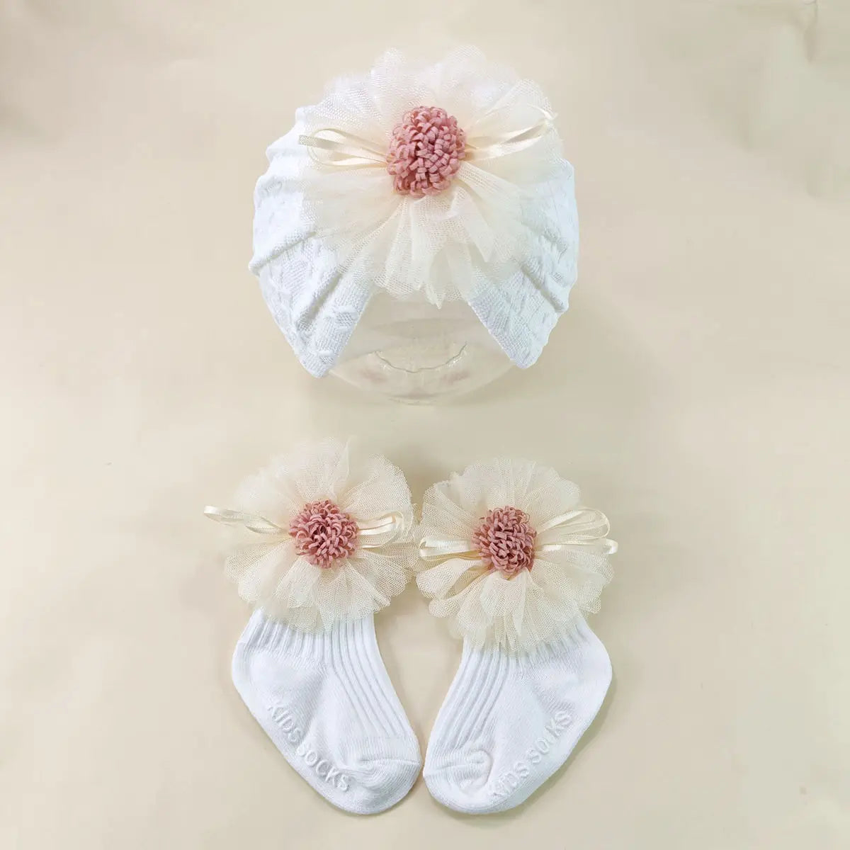 2pcs/set Newborn Elastic Turban Hat set Baby Girls Bow Cap Socks Set Baby Accessories Short Tube Sock Infant Indian Caps