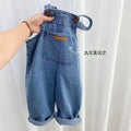 Kids Backpack Pants Summer Children's Solid Color Denim Jumpsuit Spring Autumn New Boys Girls Simple Fashion Trousers 2-8 Years