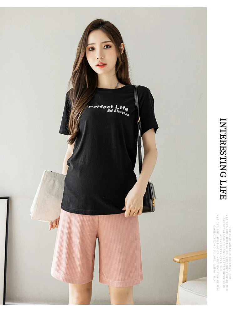 Summer Korean Style Pregnant Woman Ice Silk Shorts Knee-length Adjustable Waist Solid Color Maternity Wide Legs Straight Shorts