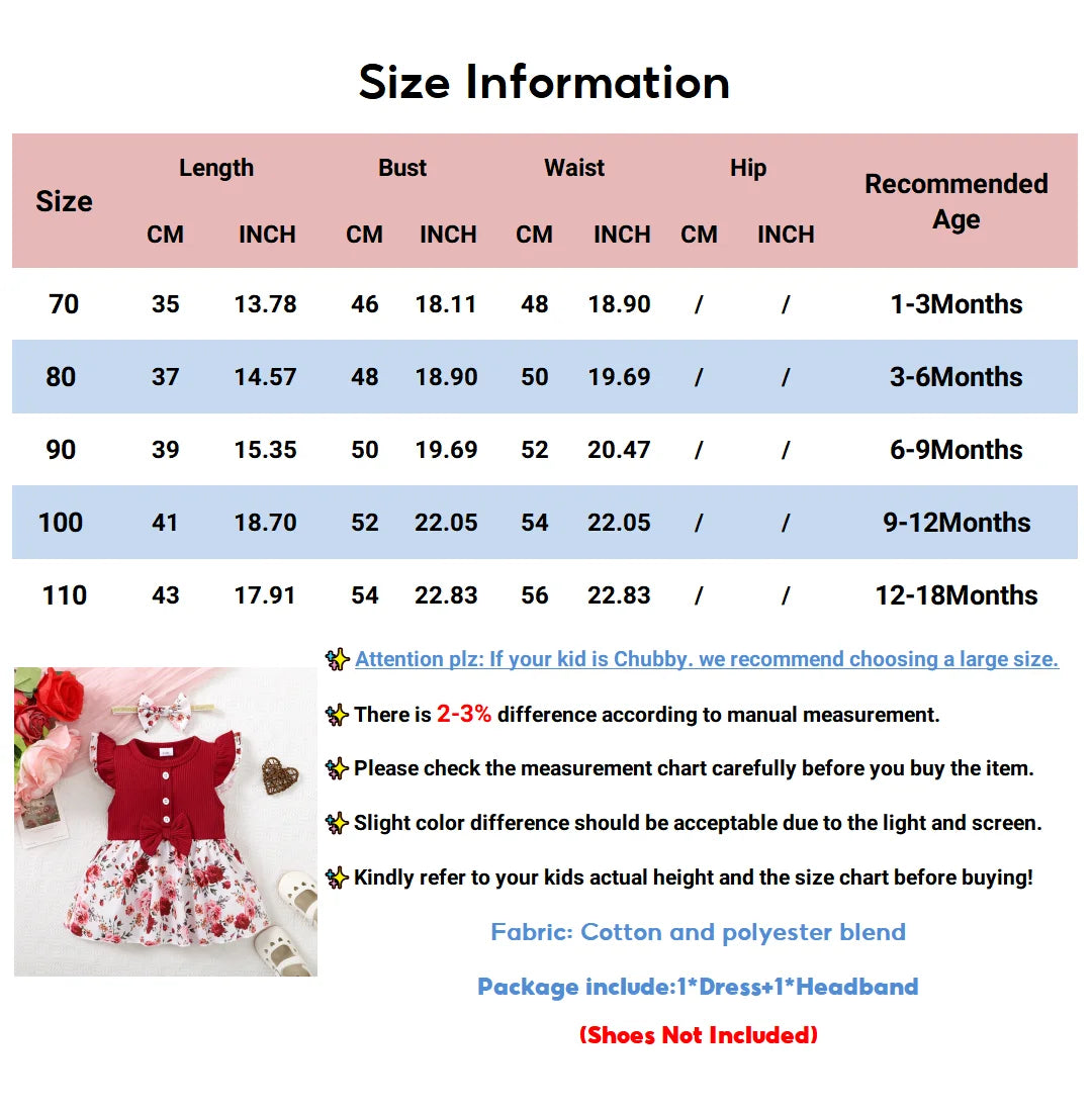Cute Baby Girl Round Neck Bow Flower Print Fashionable Dress With Headband Suitable for Babies Aged 0-2 Summer Family Gatherings
