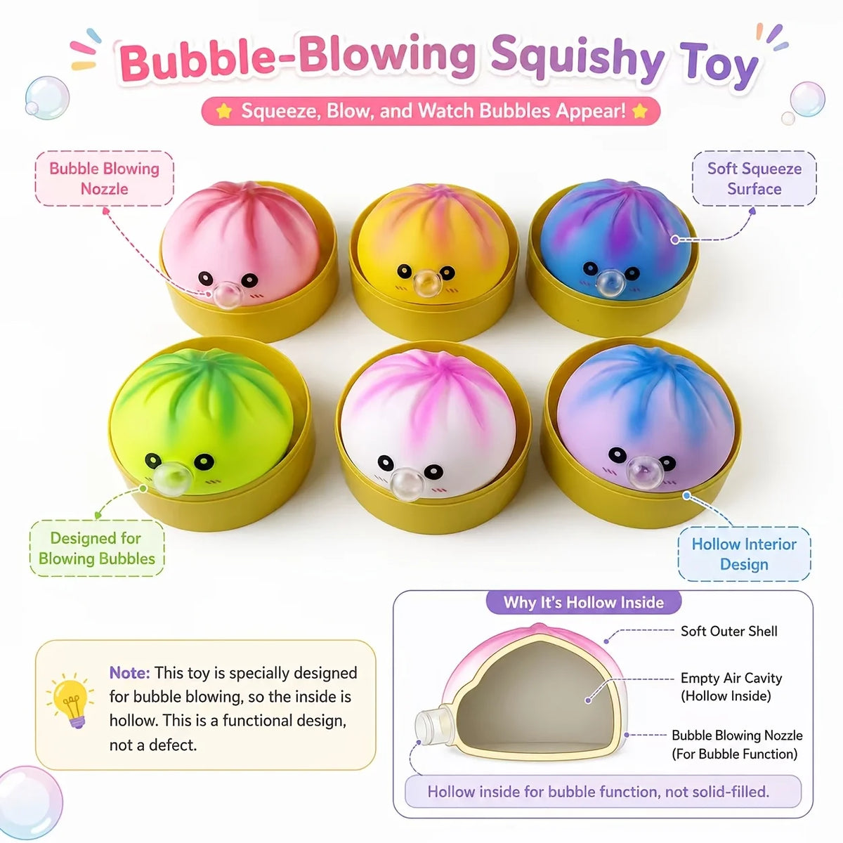 Kawaii Bubble Blowing Bun Squishy Set, Soft Baozi Squeeze Toy with Steamer Lid Base, Rising Stress Ball Funny Fidget Toy Kids