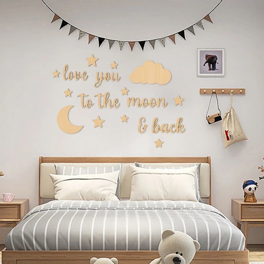 18Pc Natural Wood "Love You to the Moon" Letter Wall Stickers Children's Room Star and Moon Cloud Decoration Set Nordic Style Wooden Star and Moon Letter Wall Decor Baby Room Warm Love Message Soft Decoration Wooden Wall Stic