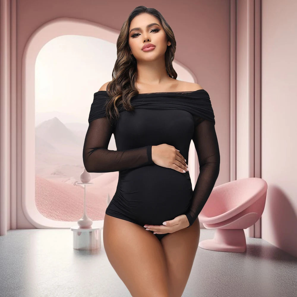 Maternity Photoshoot Bodysuit Long Sleeves Off-Shoulder Mesh Collar Bodycon Sexy See-Through Photography Jumpsuit