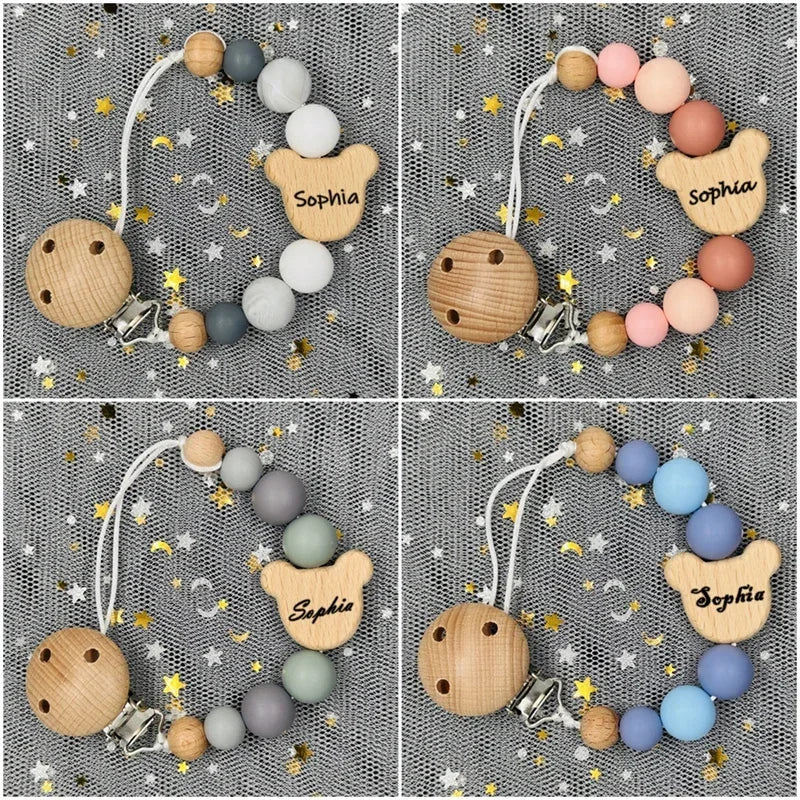 Personalized Baby Pacifier Clip with Name – Silicone Bead Dummy Holder & Teether