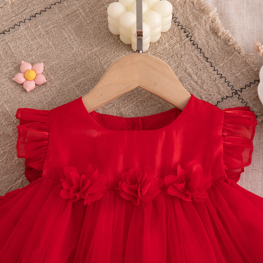 Korean Style Sweet Solid Color Baby Girl Dress Summer Fashion Flower Birthday Party Gift or Wedding Princess Fairy Toddler Dress
