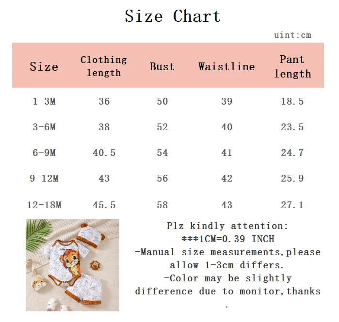 0-18 Month old Baby Boy Set Cartoon Lion Print Top, Pants, Hat Three Piece Set, Newborn Baby Boy Summer Fashion Set