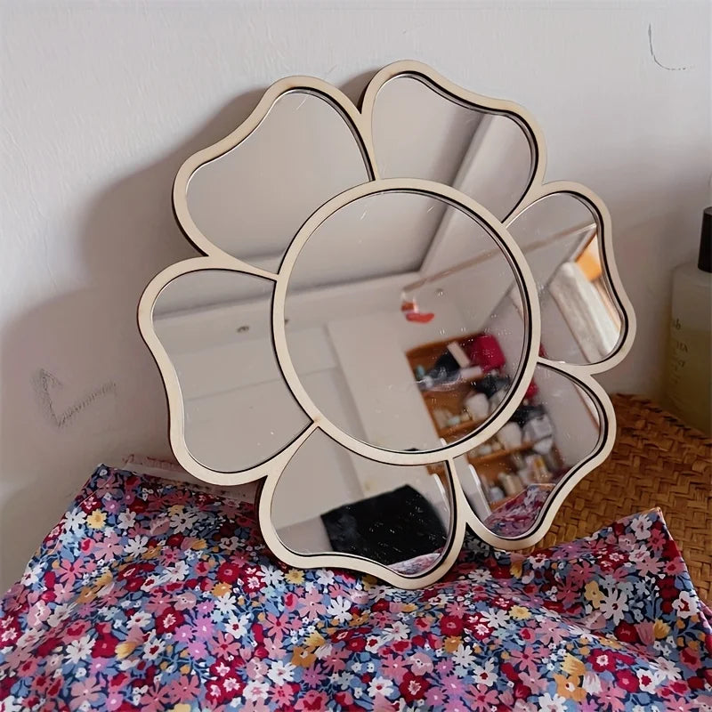 Ins Nordic Style New Small Daisy Mirror for Home Bedroom Wall Decoration, Exclusive Decorative Mirror for Girls' Rooms, Easy to Hang on the Wall, No-Drill Mirror.