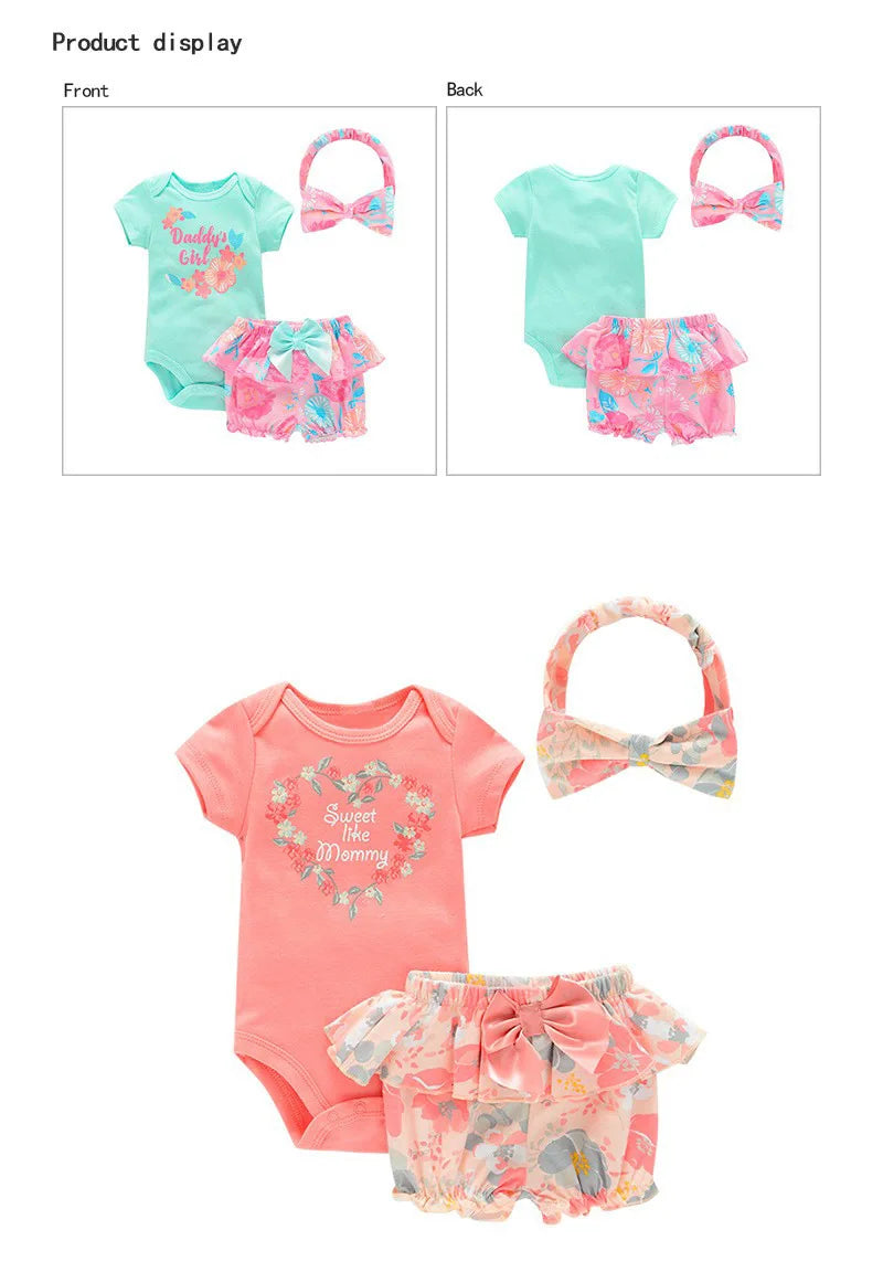 Cute Fashion 3-Piece Baby Girl Clothing Set Cartoon Newborn Bodysuits+Short Pants+Hairband Suits Summer Infant Clothes