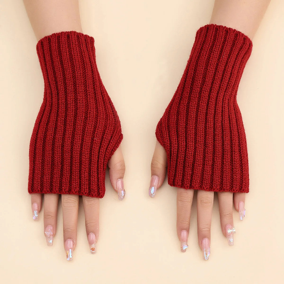 Fingerless Ribbed Knitted Arm Warmers Gloves for Winter, Short Length, 19-20cm Unisex