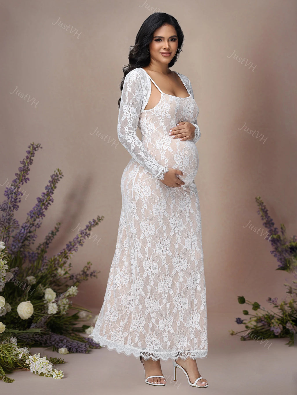 2026 Women's Maternity Long Sleeve Top & Spaghetti Strap Dress 2Pcs Photography Outfits Floral Lace Gown for Baby Shower Party