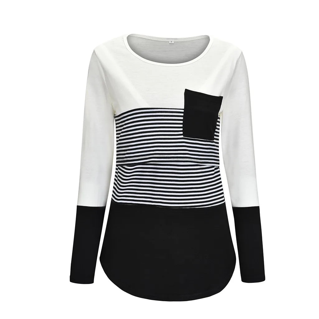 Fashion Pregnant Women Stiching Color Breastfeeding Nursing T Shirts Casual Loose Long Sleeve Tee Tops For Maternity