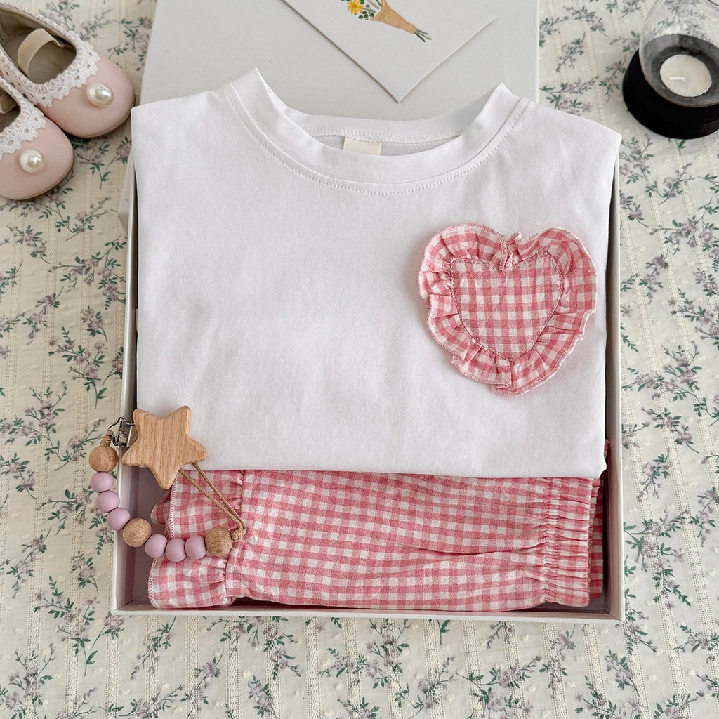 0-3Y Toddler Infant Kid Baby Girl Clothes Sets Soft Short Sleeve T-Shirt Heart Shaped Sticker Tops Striped Shorts