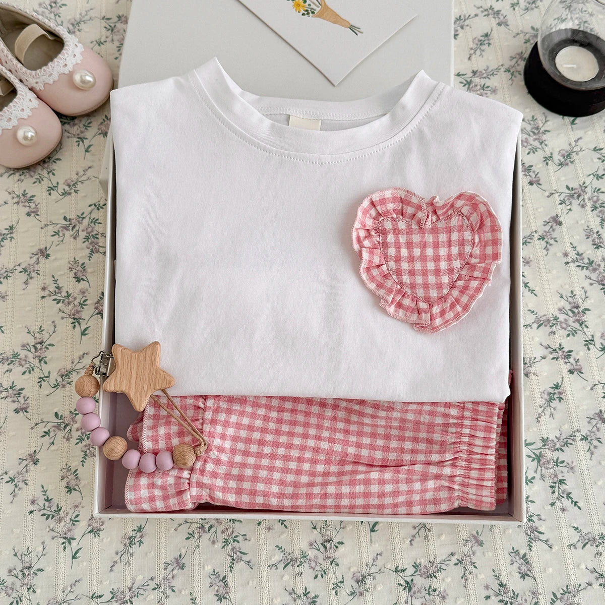 0-3Y Toddler Infant Kid Baby Girl Clothes Sets Soft Short Sleeve T-Shirt Heart Shaped Sticker Tops Striped Shorts
