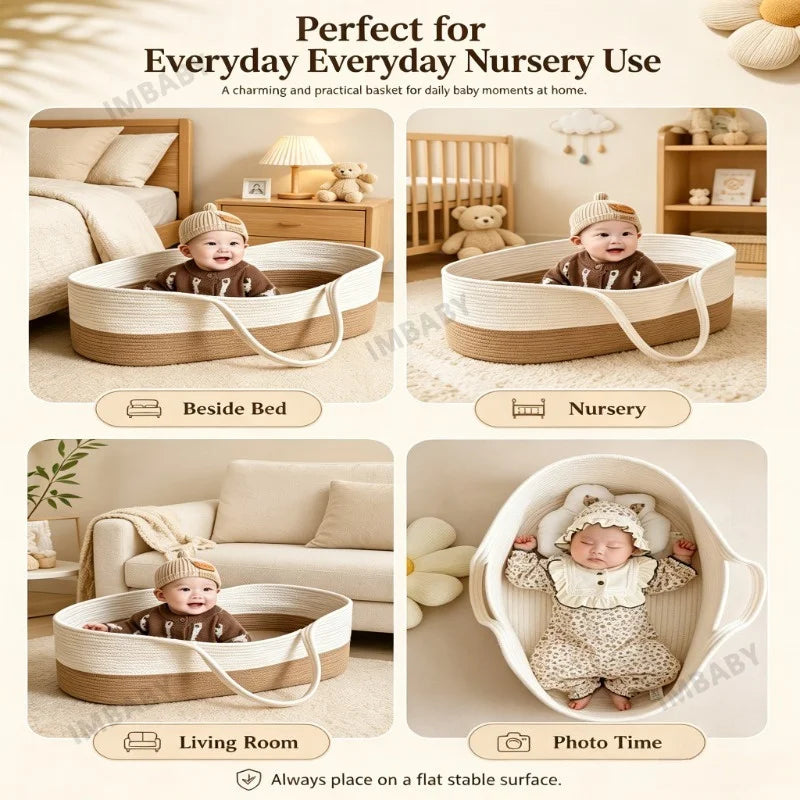 Portable Cotton Rope Baby Moses Basket, Breathable Woven Newborn Sleeping Bed with Handle, 2-in-1 Nursery Storage Organizer
